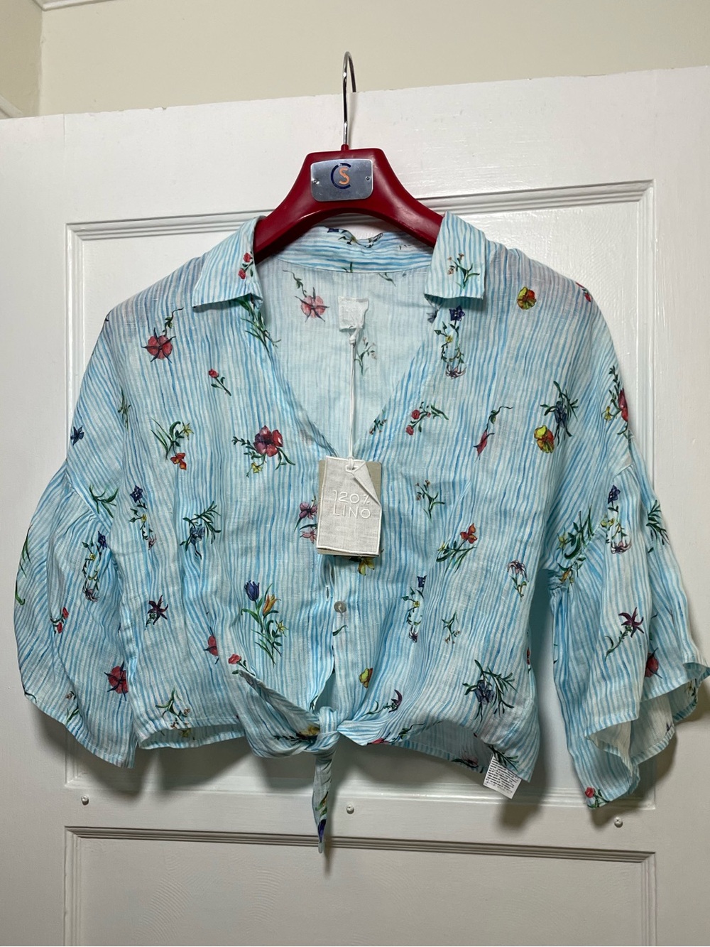 new! 120% Lino Blue Floral Tie-Front Tropical Beach 🏖️ Shirt - Size 44